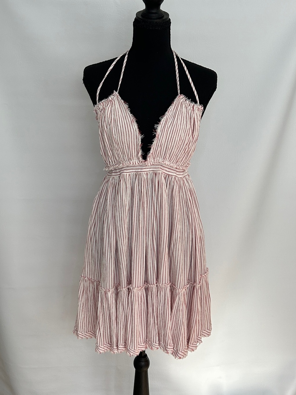 VICI Striped Halter Mini Dress M Open Back Tiered Boho